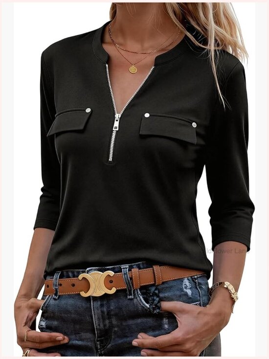 Tops - 3/4 Sleeve Tunic with Leggings V-Neck Zipper Casual Blouse